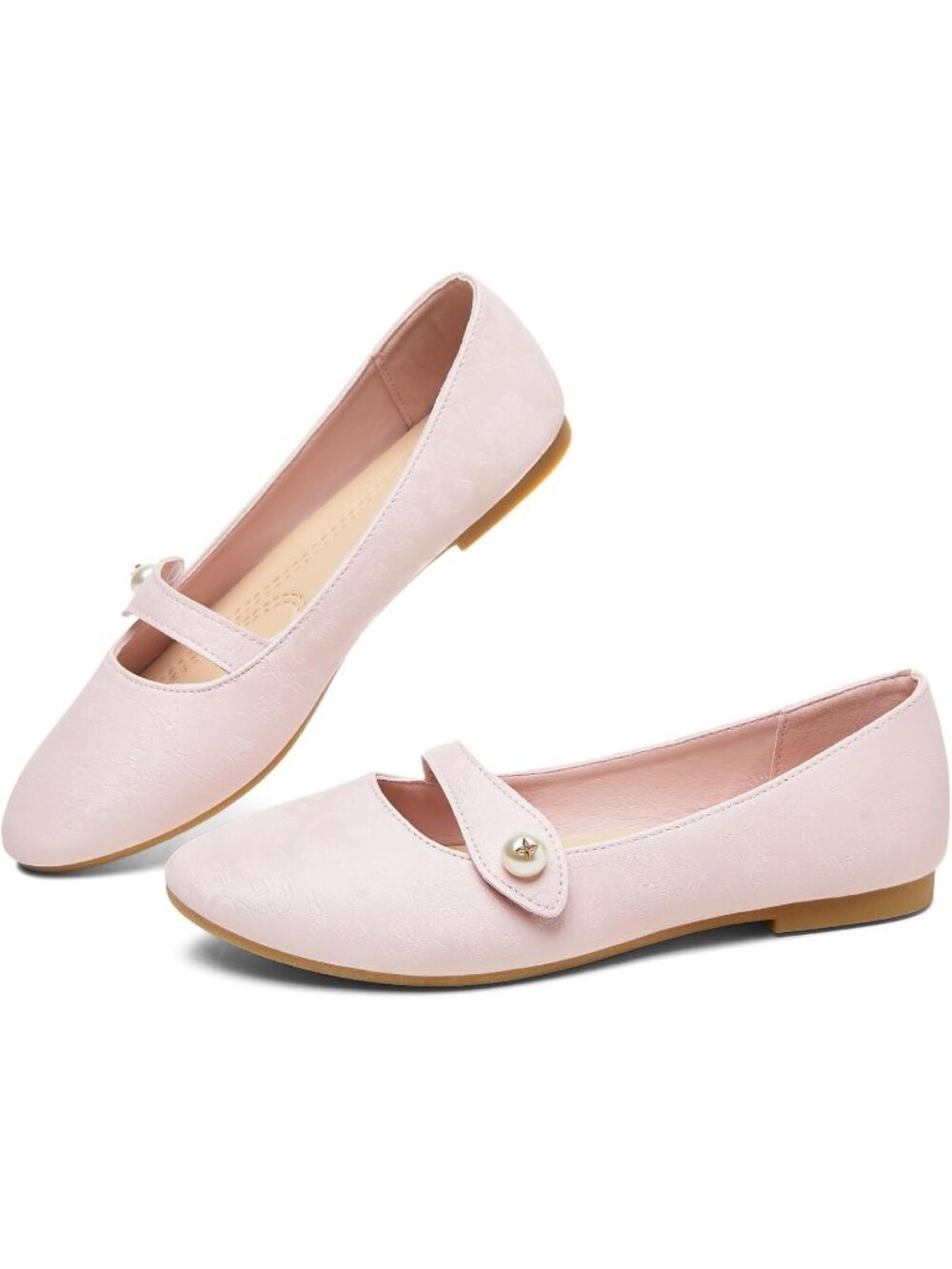 Women's Pink Leather Mary Jane Floral Print Ballet Flats Pearl Buckle Shoes